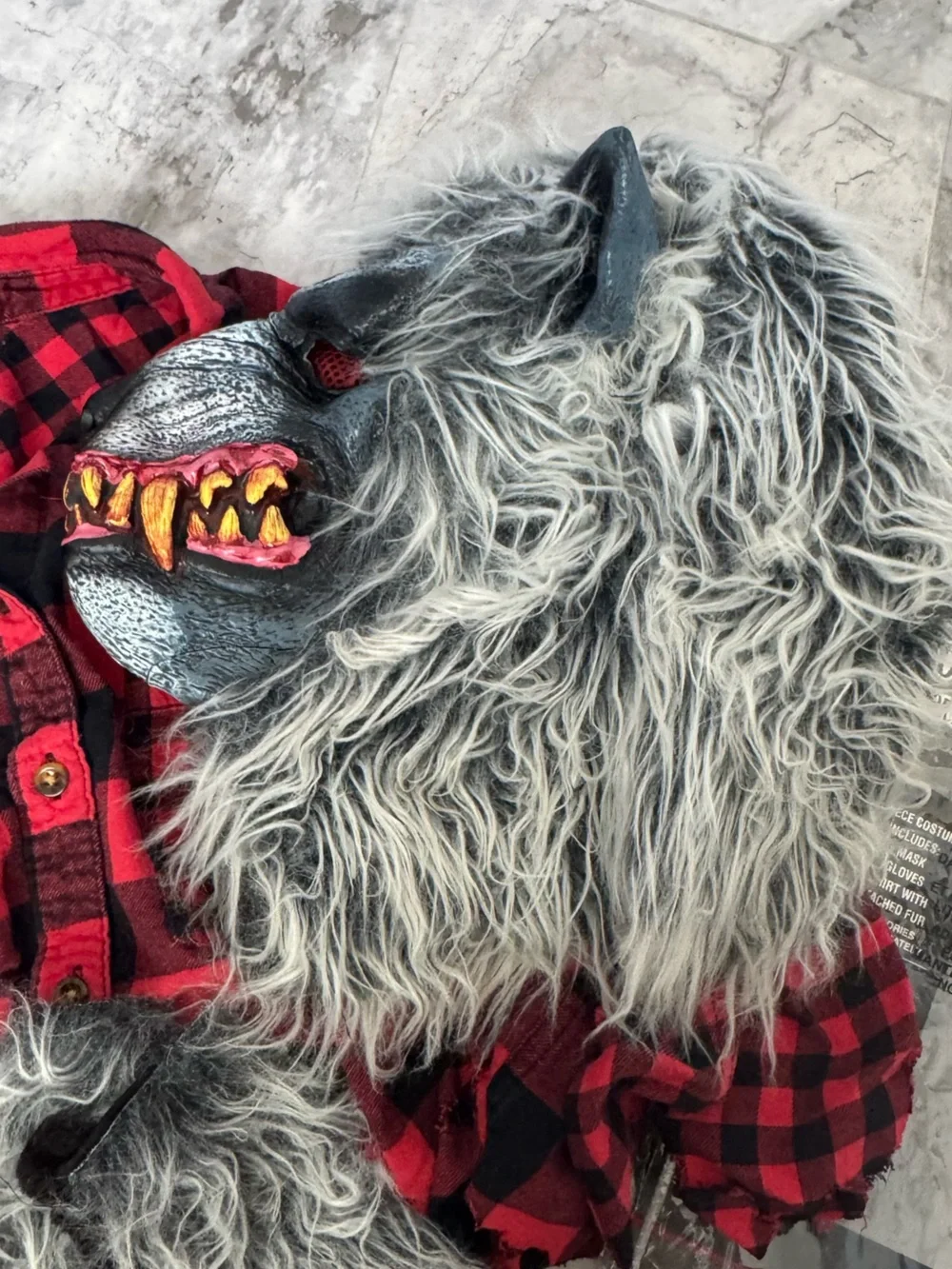 Kids XL Werewolf Costume Mask & Paw Set with Red Black Plaid Shirt